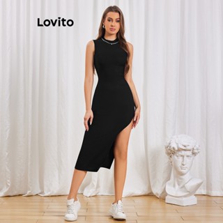 Lovito Vestido Casual Lisa com Fenda para Mulheres LBL06094 (Preto)