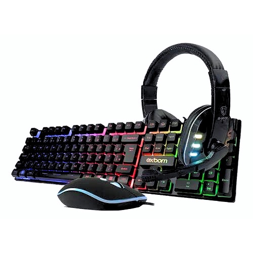 Kit Teclado e Mouse Multimidia LED RGB + Fone de Ouvido Preto Headset Gamer c/ Led Microfone