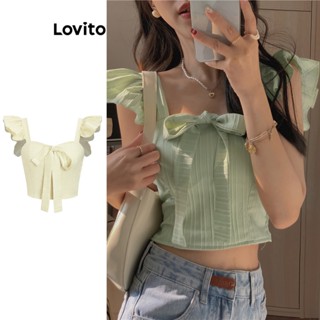Lovito Boho Regata com Laço e Babado para Mulheres L74ED141 (Alperce/Verde)
