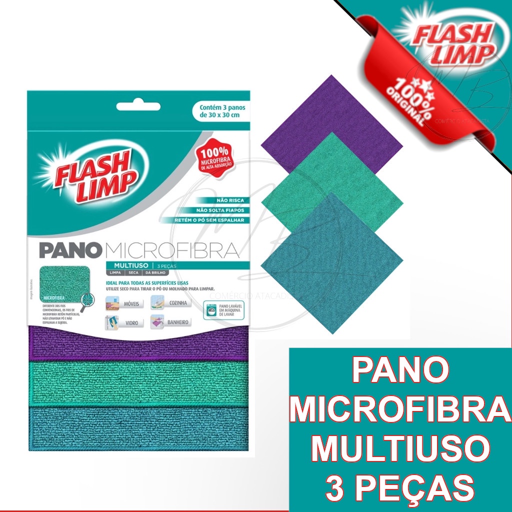 Conjunto com 3 Pano 100% em Microfibra Multiuso FLP6742 Flash Limp