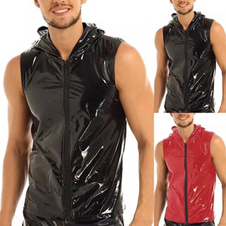 2024 alta qualidade Regatas masculinas de couro sintético com capuz e aparência molhada, colete sem mangas, camiseta cropped de roupa masculina
