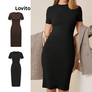 Lovito Casual Vestido Feminino Liso Básico com Fenda Traseira L68ED300 (Preto)