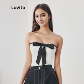 Lovito Casual Blusa Feminina Lisa de Tricô com Laço Frontal e Costura Contrastante L52AD016 (Branca)