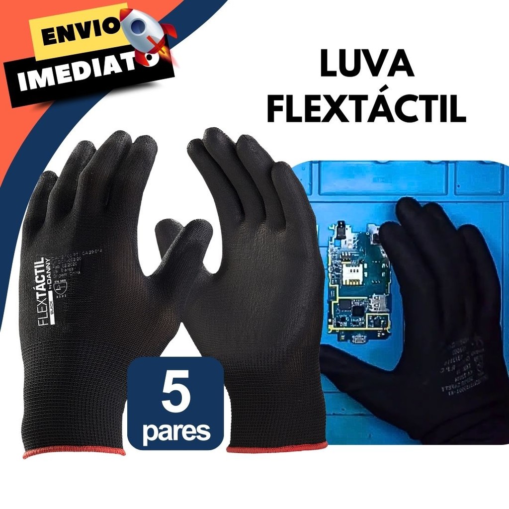 Kit 5 Luvas Multitato PU Proteção EPI Motoqueiros Antiestática Pedreiro Sensibilidade Tátil Trabalho Leve Resistente