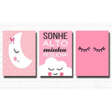 PLACA QUADRO DECORATIVO INFANTIL BEBE MENINA SONHE ALTO 20X30 KIT 3 PEÇAS