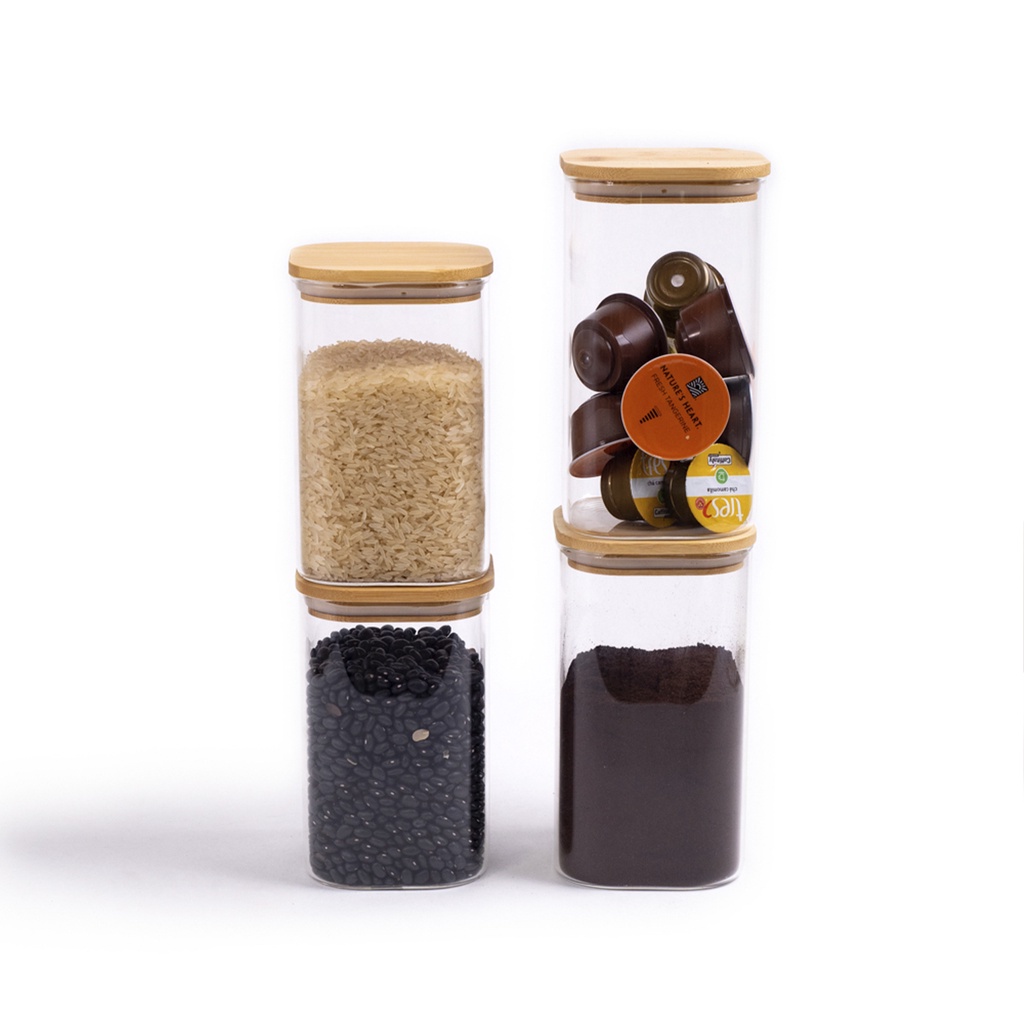 Kit Potes Hermeticos Vidro Quad Flat Bambu 1400/1100 - 4 pçs Oikos - Home & Living