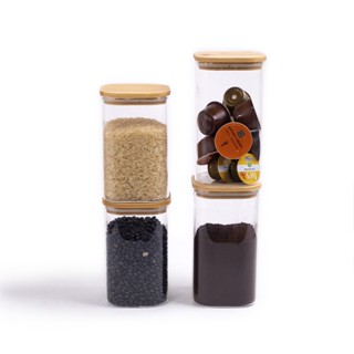 Kit Potes Hermeticos Vidro Quad Flat Bambu 1400/1100 - 4 pçs Oikos