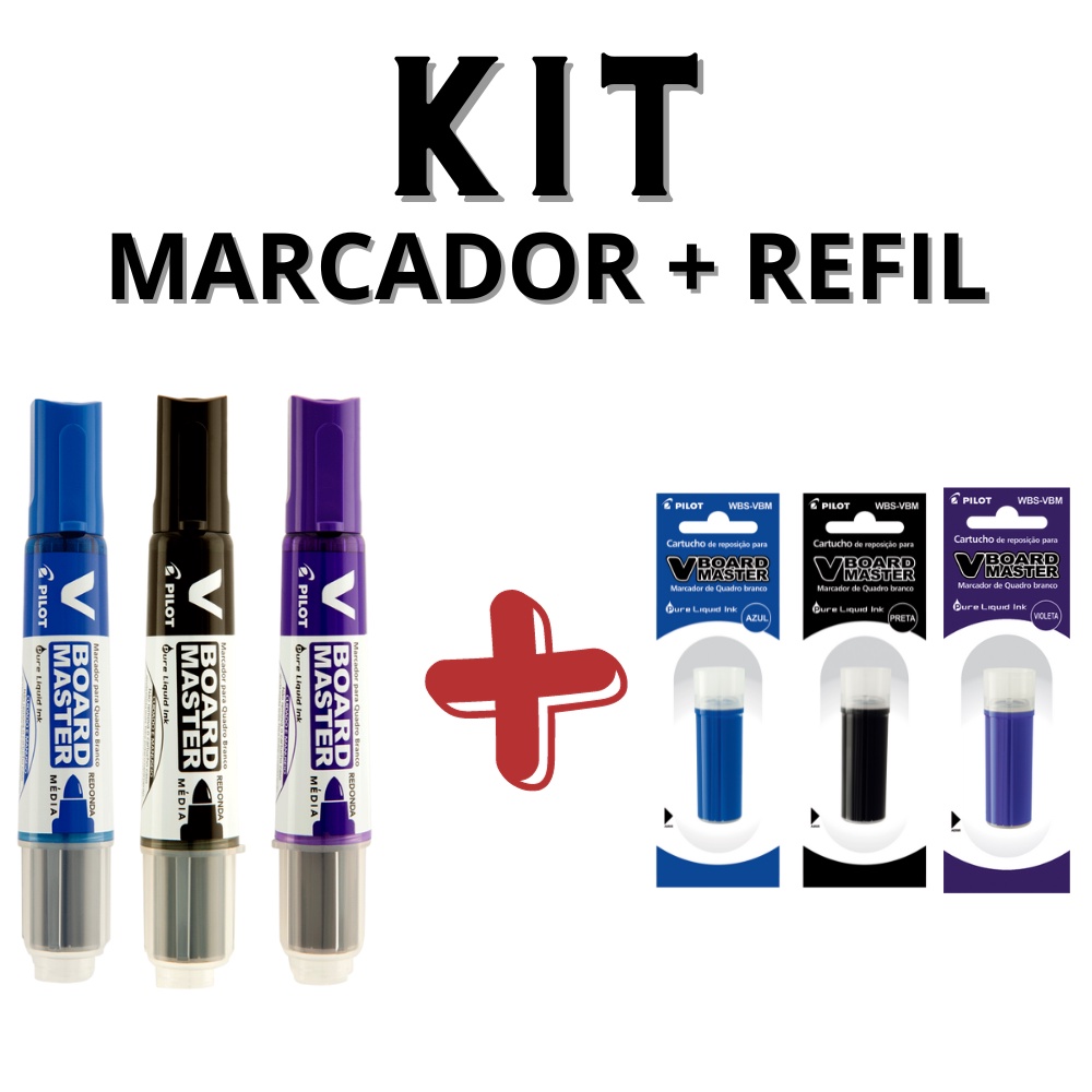 Kit 3 Marcadores Para Quadro Branco + Refil PILOT V-Board Master