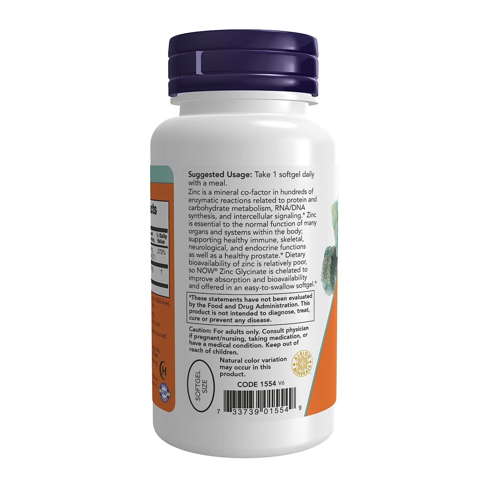 Detalhes do Glicinato de Zinco 30mg Now Foods Zinc Glycinate 120 Softg