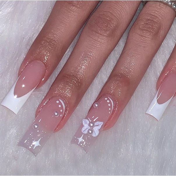 24 Peças unhas postiças decoradas francesinha bailarina realista Pregos Falsos Com Diamantes e Cola