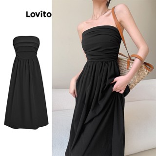 Lovito Casual Vestido Feminino de Festa Liso Franzido L68ED141 (Preto)