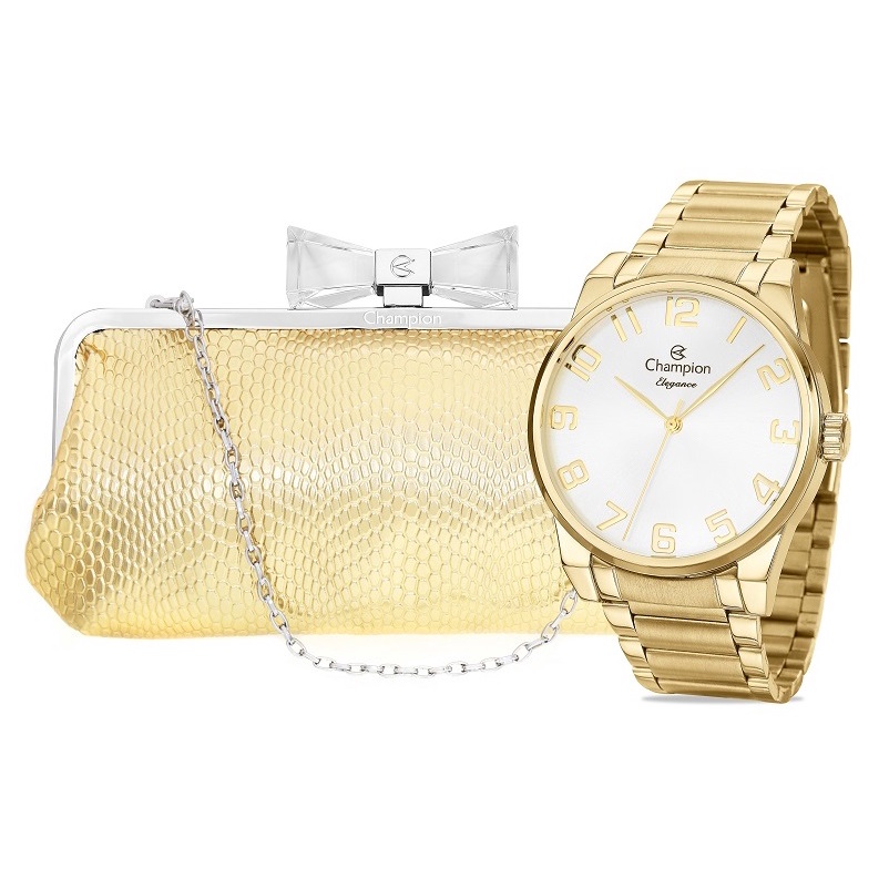 Relógio Champion Feminino Analógico Dourado + Bolsa Clutch Original À Prova D'Água Mulher Barato CN27652G