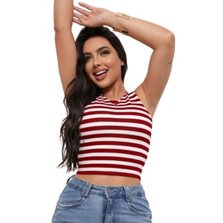 Cropped Blusa Feminina Regata Nadador Listrado Tendência Suplex Verão