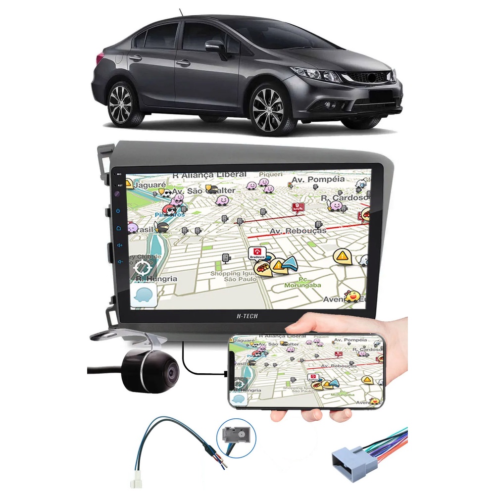 Multimídia 9" Honda Civic 2012 à 2016 Espelhamento USB Bluetooth Moldura Painel Interface Volante Chicotes Câmera de Ré