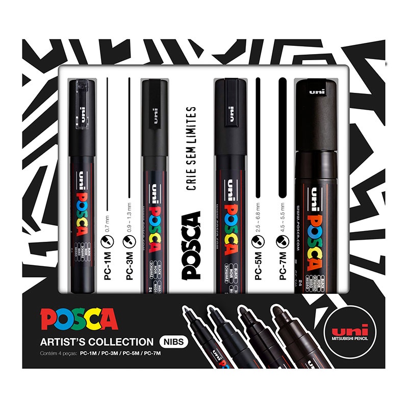 Caneta Posca Artists Collection NIBS preto estojo com 4 unidades Uni-Ball em Oferta na Shopee