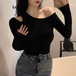 Lovito Casual Camiseta Feminina Lisa Assimétrica com Recorte LNE29337 (Preto)