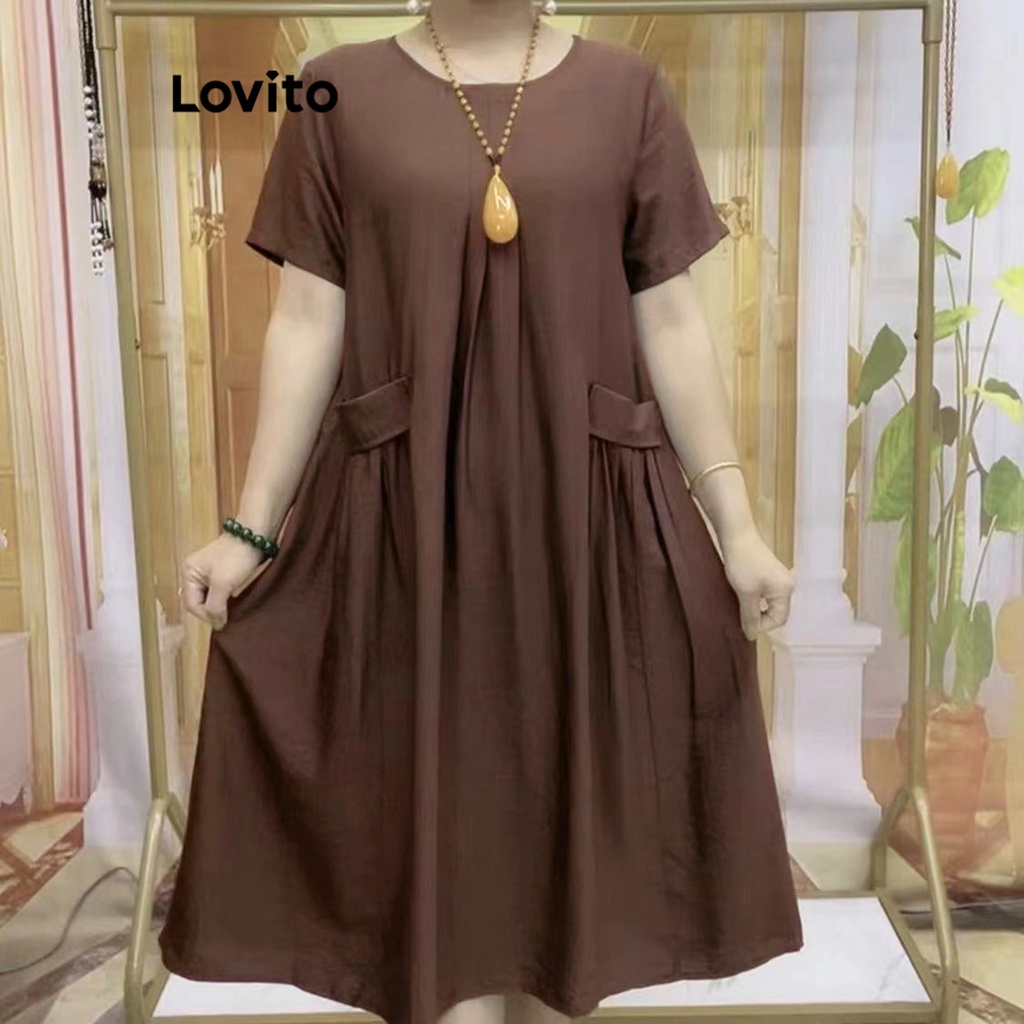 Lovito Casual Vestido Feminino Liso com Bolso LNA26291 (Marrom) - Women Clothes