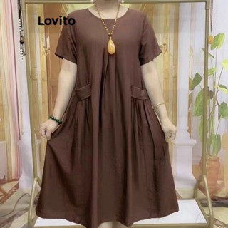 Lovito Casual Vestido Feminino Liso com Bolso LNA26291 (Marrom)