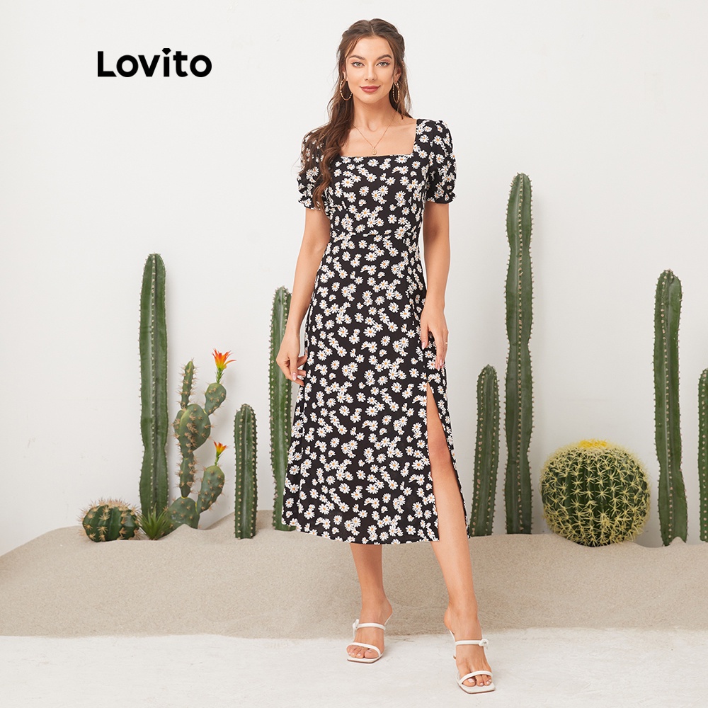 Lovito Casual Vestido de Estampa Floral de Gola Quadrada L11D32 (Preto)