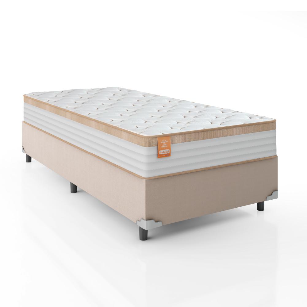 Cama Box Solteiro Colchão Molas Ensacadas Real 88x188x65cm Branco / Bege - Suporta até 130Kg - Home & Living