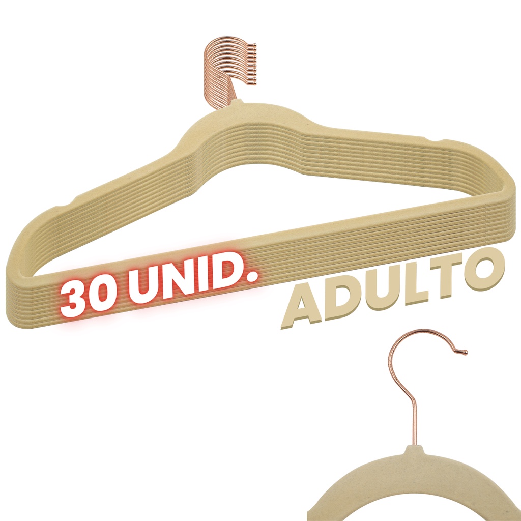Kit 30 Cabides Veludo Bege Gancho Rose Antideslizante 45cm