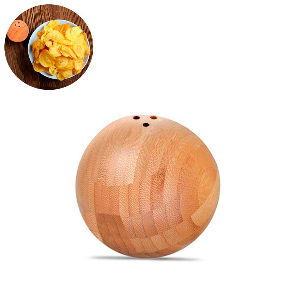 Saleiro pimenteiro redondo bambu 7cm porta condimento esférico sal pimenta especiarias moídas mesa cozinha bancada hotel restaurante suporte madeira bamboo