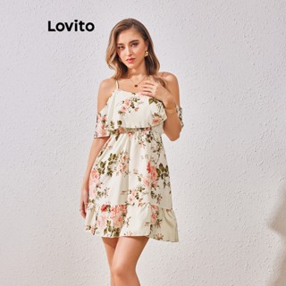 Lovito Boho Vestido Feminino Florido de Bainha com Babado LBL07081