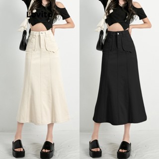 Lovito Saia Midi Jeans Fishtail com Zíper e Bolsos para Mulheres LNE09201 (Damasco)