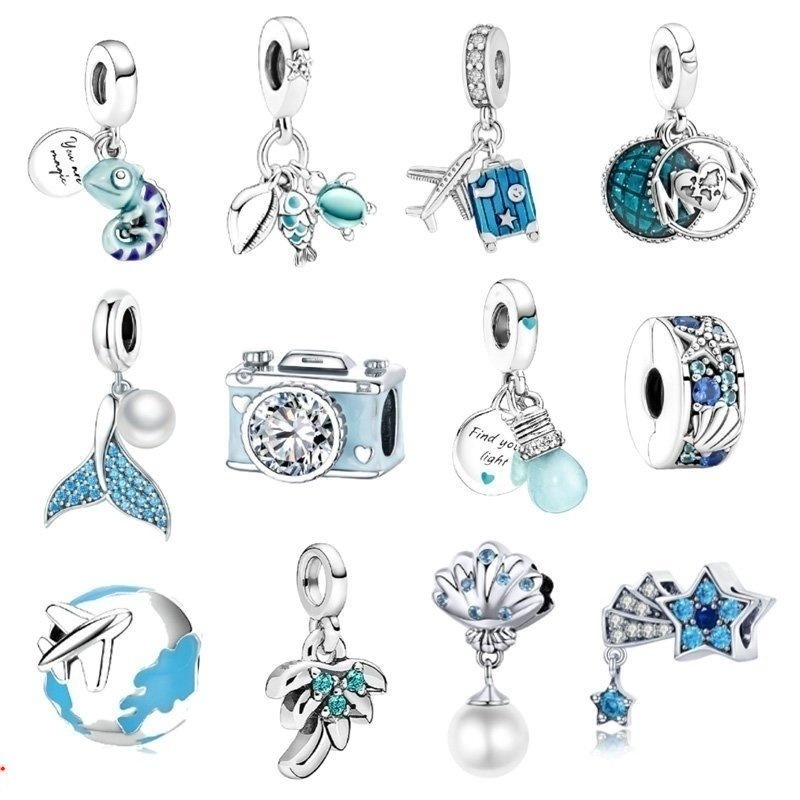 Pulseira Azul Claro 925 Pulseira com Banho de Prata Pulseira com Contas de Prata Acessórios
