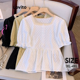 Lovito Blusa Plus Size Casual Lisa com Botões Frontais em Renda para Mulheres LNE38309 (Alperce/Amarelo/Preto)