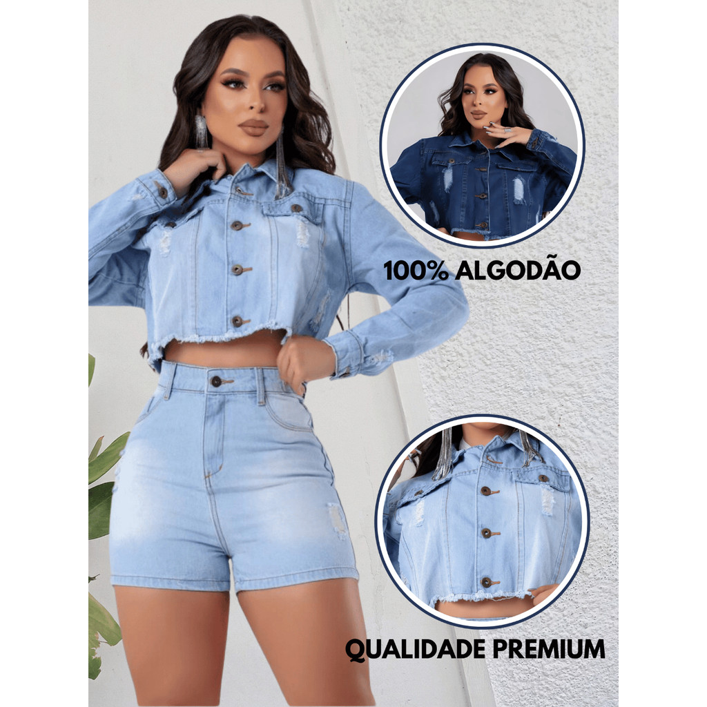 Jaqueta OU Short Jeans Feminino OU Conjunto Cintura Alta Jaqueta Manga Comprida Short Levanta Bumbum