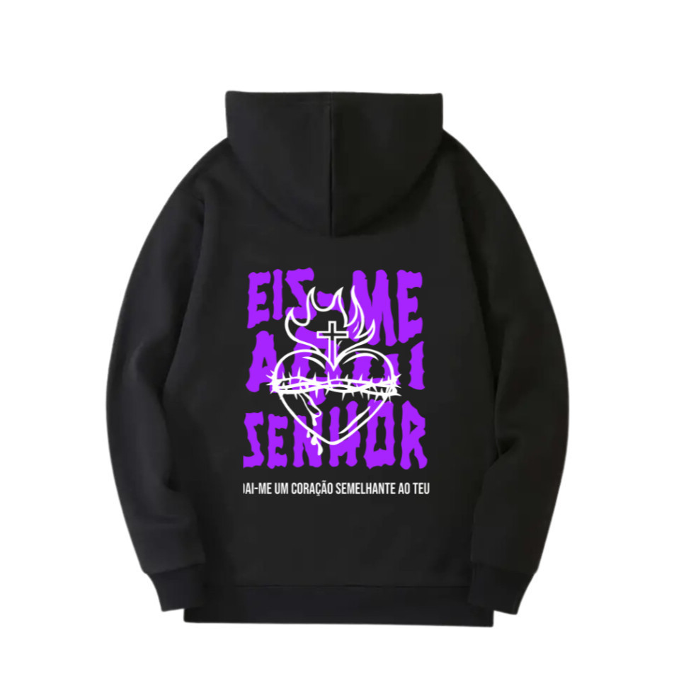 Moletom Canguru Estampado Eis Me Aqui Senhor Blusa de Frio com Capuz Canguru Outono Inverno Top Lançamento