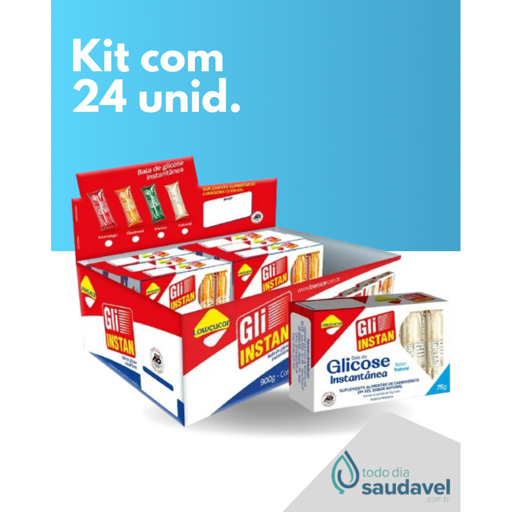 Kit Gli-Instan sabor Natural Lowçucar 24 Unidades Glicose Instantânea Caixa com 5 sachês de 15g