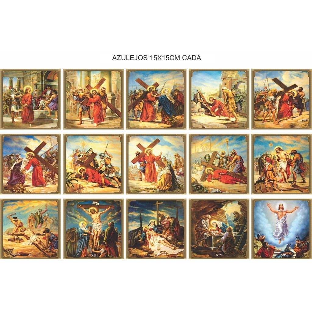 Kit Quadros Via Sacra 15 Estações Em Azulejo 15x15cm Cada religioso decorativo presente católico
