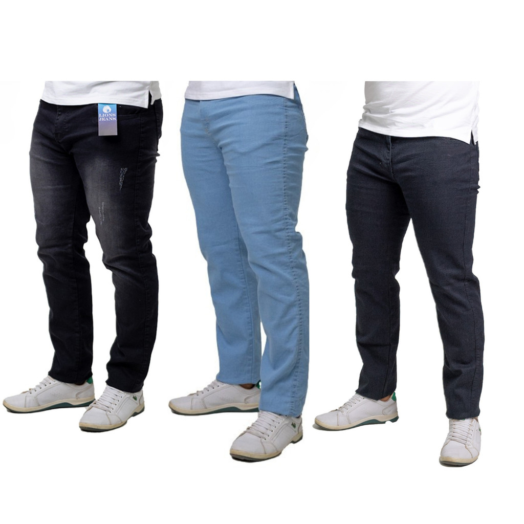 Kit 3 Calça Jeans Slim Preta Com Puído + Azul Claro (Escolha A Terceira Peça) Elastano Pre...