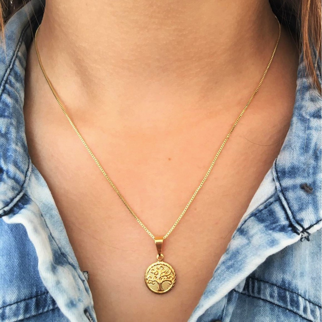 Colar Choker Feminino + Pingente Arvore da Vida Banhado a ouro 18k Corrente Veneziana Feminina Folheada Blogueira