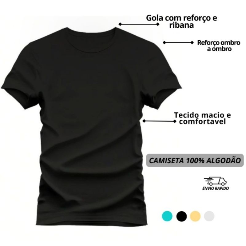 Camisa Masculina Básica 100% Algodão Masculina Feminina com Reforço Ombro a Ombro em Oferta na Shopee