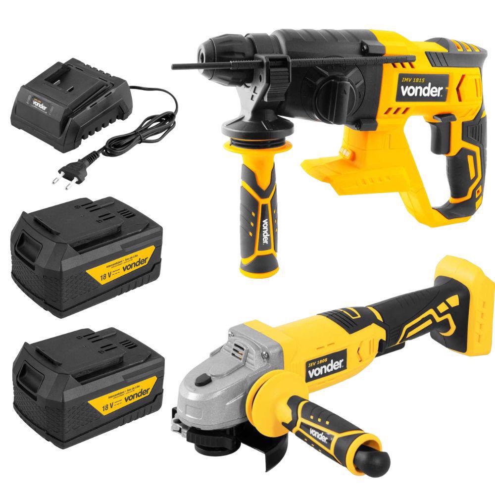 Esmerilhadeira Angular com Martelete Perfurador 2 Baterias 18V e Carregador VONDER em Oferta na Shopee
