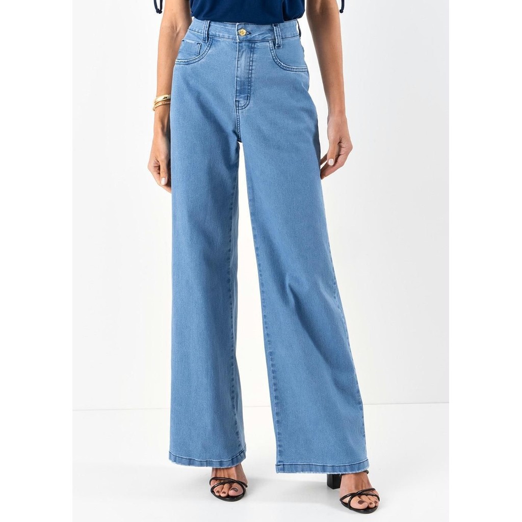 Calça Pantalona Com Bolsos Azul Quintess em Oferta na Shopee