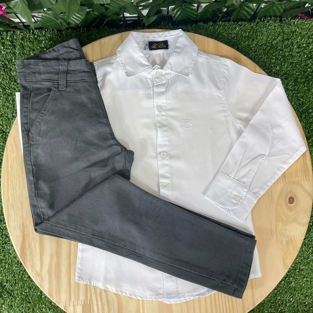 Calça Jeans Grafite com Camisa Manga Longa Branca Infantil Batizado Formatura Festa Evento Menino Social em Oferta na Shopee
