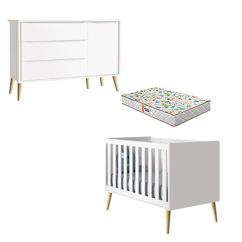 Berço Americano e Cômoda Infantil 1 Porta Theo Branco Pés Madeira Natural com Colchão Gazin – Reller