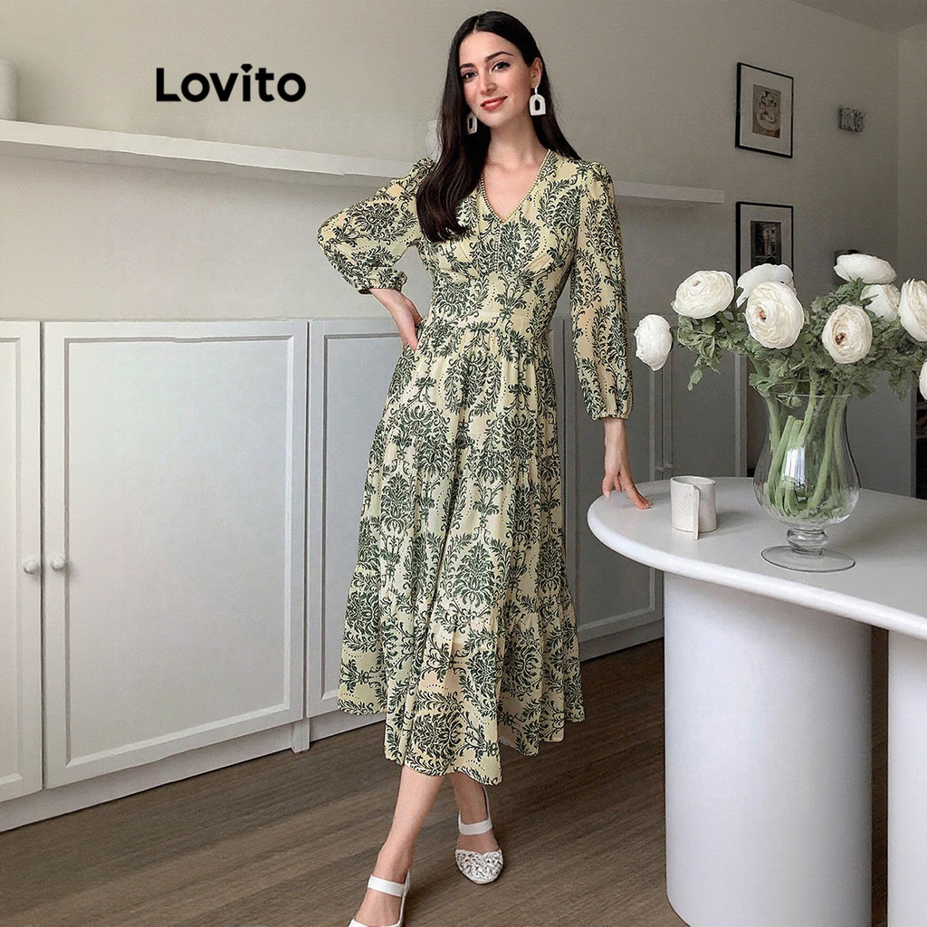 Detalhes do Lovito Vestido Boho Tribal com babados para mulheres L95ED252