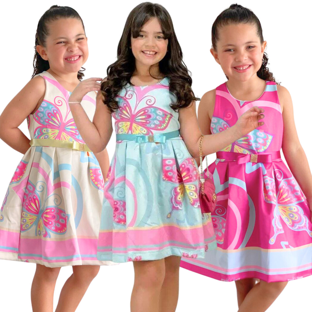 Kit 3 Vestidos Menina Borboleta Estampado Cinto Colorido Infantil