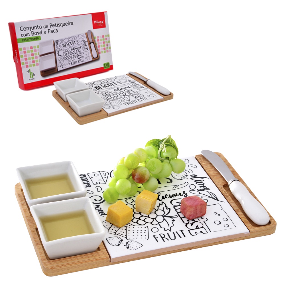 CONJUNTO PETISQUEIRA PORCELANA 2PCS 50ML+FACA INOX E TABUA BAMBU WINCY