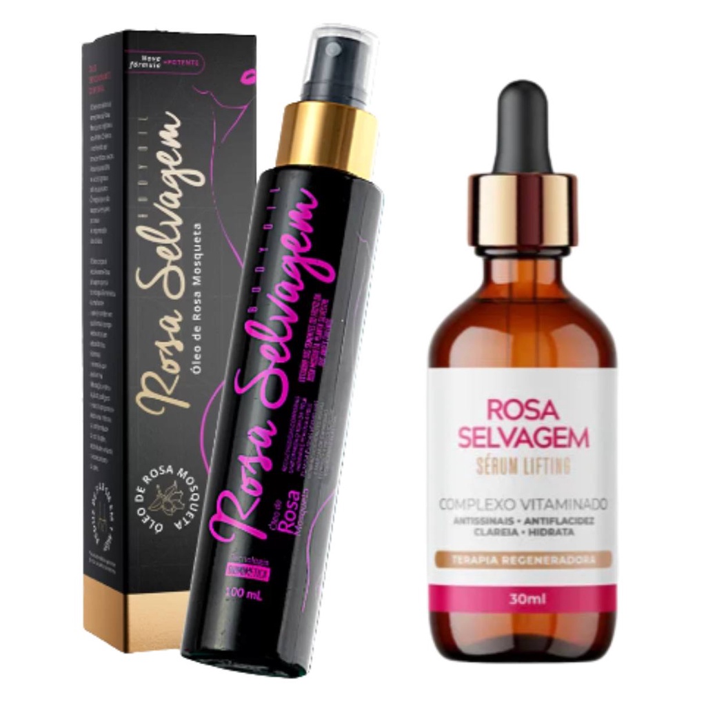 Kit 2 Rosa Selvagem Clareador Íntimo Mancha Escura: Óleo Corpo Axila Virilha Foliculite + Sérum Facial Antirrugas Vegano Vitamina C Colágeno