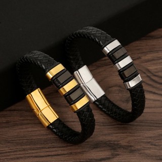Vintage Fashion Hip Hop Gold Silver Leather Woven Men