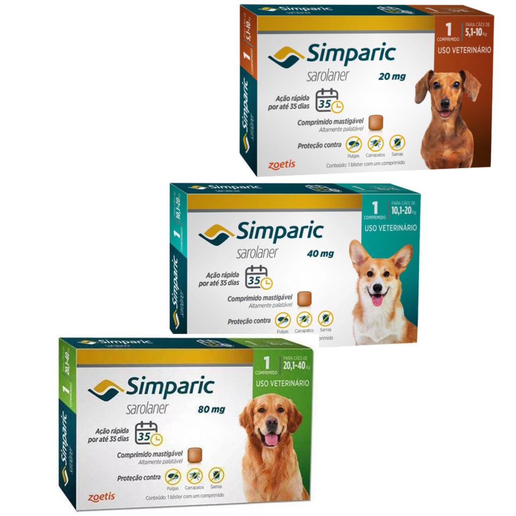 3 Antipulgas Para Cães Simparic 20mg 40mg e 80mg1 Comprimido - Pets