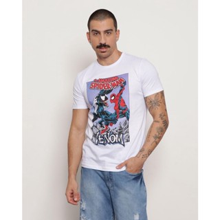 Camiseta Masculina Homem Aranha E Venom Com Estampa Frontal Manga Curta E Gola Redonda Branca