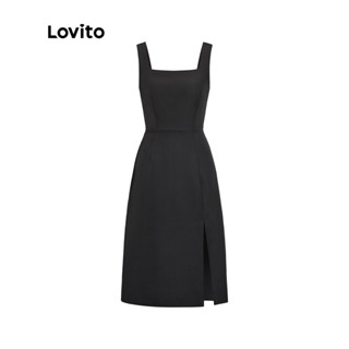 Lovito Elegante Vestido Liso de Alças com Decote Quadrado e Fenda para Mulheres LNS03LD102 (Preto)