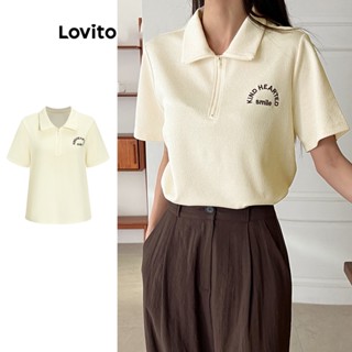 Lovito Casual Camiseta Feminina Lisa Polo Bordada com Zíper L68ED294 (Damasco)